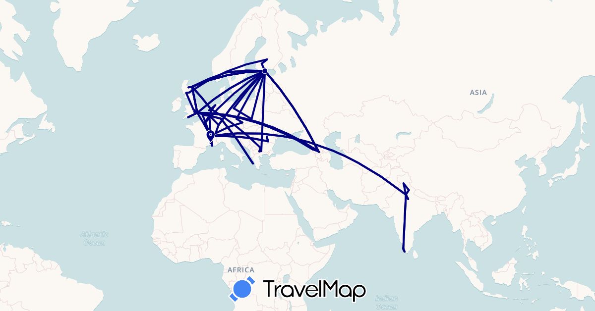 TravelMap itinerary: driving in Belgium, Bulgaria, Switzerland, Czech Republic, Germany, Finland, France, United Kingdom, Georgia, Greece, India, Macedonia, Netherlands, Norway, Poland, Romania (Asia, Europe)